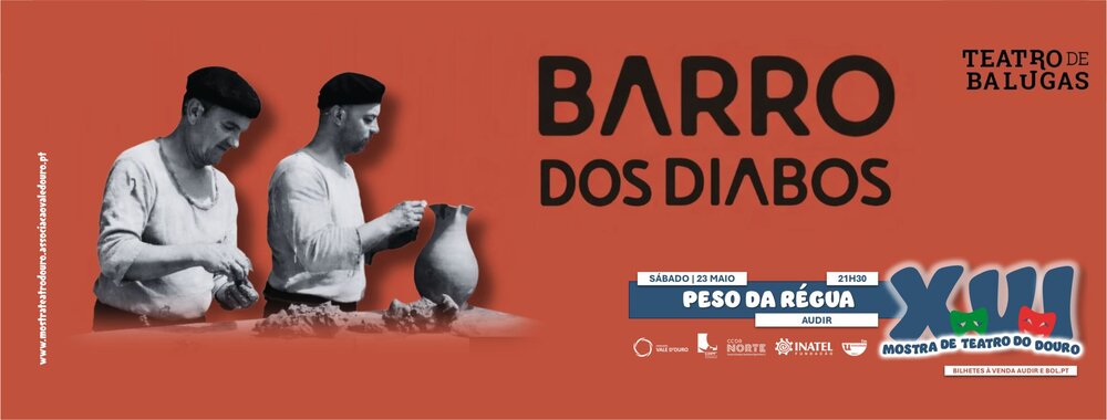 Poster for Barro dos Diabos theater show, featuring two potters shaping clay against an orange background, with venue Teatro de Balugas and event logos.
