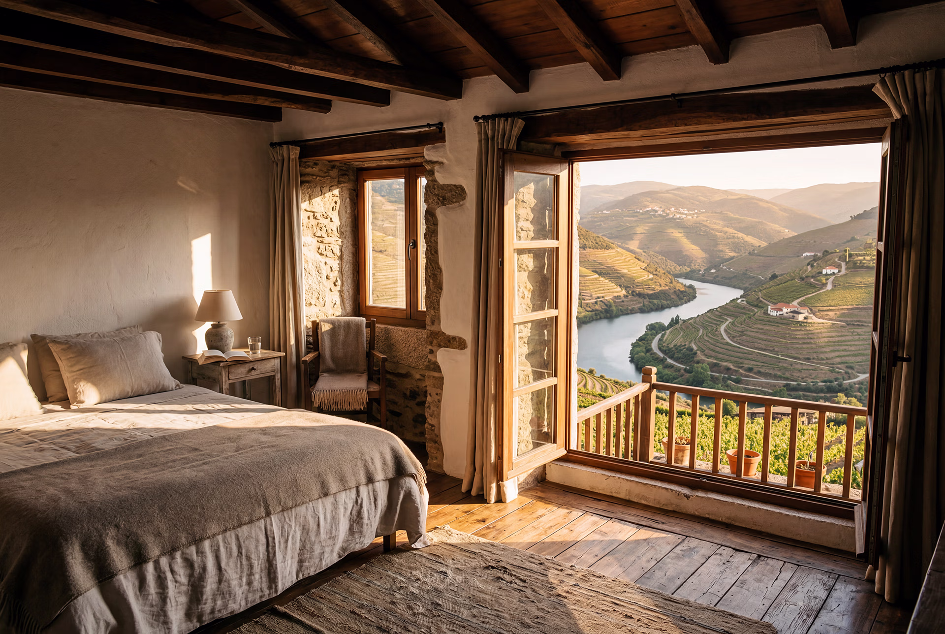 msão frio alojamento - Portugal Explorer - Portugal Explorer Fotografia de uma quinta de turismo rural em Mesão Frio com vista para o Rio Douro, rodeada de vinhas em socalcos ao final da tarde. onde dormir em Mesão Frio, alojamento local Mesão Frio, turismo rural Mesão Frio, quintas para dormir Mesão Frio, onde ficar em Mesão Frio alojamento Douro Mesão Frio