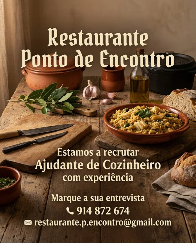 Oferta de Emprego Café Restaurante Ponto de Encontro
Ajudante de cozinheiro com experiência marcar entrevista para o contacto 914 872 674 ou mandar currículo para o email 📧restaurante.p.encontro@gmail.com
