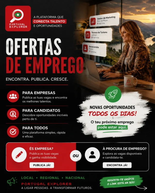 🚀 O FUTURO DO EMPREGO NO DOURO E EM PORTUGAL COMEÇA AQUI 🚀O Portugal Explorer acaba de lançar uma nova funcionalidade que vai ligar empresas, talentos e oportunidades como nunca antes. 💼🇵🇹🔎 Procuras emprego?
📢 Precisas de contratar?
⚡ Queres dar visibilidade à tua empresa ou encontrar novas oportunidades?Agora já podes publicar e encontrar ofertas de emprego diretamente na plataforma Portugal Explorer.Desde turismo, restauração, hotelaria, comércio, marketing, saúde, tecnologia, construção, serviços e muito mais queremos aproximar quem procura de quem precisa. 🤝✅ Publicação rápida e simples
✅ Alcance regional e nacional
✅ Mais visibilidade para empresas
✅ Oportunidades reais para candidatos
✅ Plataforma intuitiva e acessível📍 Peso da Régua
📍 Vila Real
📍 Lamego
📍 Porto
📍 Lisboa
📍 Braga
📍 Bragança
📍 Aveiro
📍 Coimbra
📍 Todo o PortugalSe tens uma empresa:
👉 publica as tuas vagas.Se procuras uma nova oportunidade:
👉 encontra o emprego certo para ti.📲 Junta-te a Portugal Explorer e faz parte desta nova forma de conectar pessoas, negócios e futuro.🔗 Link na bio ou envia-nos mensagem privada.Portugal Explorer
A conectar pessoas. A transformar oportunidades.#PortugalExplorer #Emprego #OfertasDeEmprego #Trabalho #EmpregoPortugal #Recrutamento #Vagas #Hiring #ProcuraEmprego #Empresas #Negocios #Turismo #Hotelaria #Restauracao #Marketing #Tecnologia #Douro #PesoDaRegua #VilaReal #Lamego #Porto #Lisboa #Braga #Aveiro #Coimbra #Portugal #BusinessPortugal #Empreendedorismo  #TrabalhoPortugal #EmpregoNoDouro
