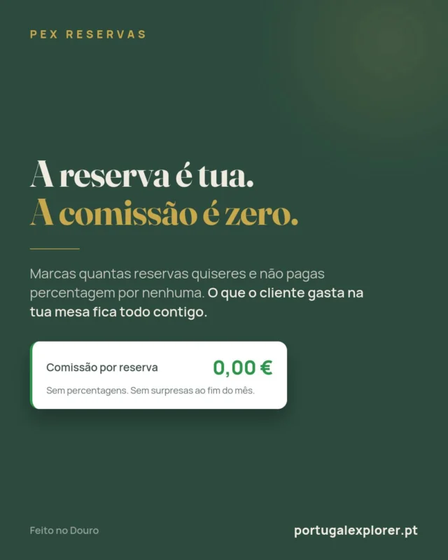 A comissão é zero!
Nas outras plataformas, cada mesa que enches paga uma fatia a alguém. 
No PEX Reservas não é assim.
Marcas quantas reservas quiseres e não pagas percentagem por nenhuma. 
O que o cliente gasta na tua mesa fica todo contigo, até ao último cêntimo. O site é teu, a ferramenta é tua, os clientes são teus.
Sem comissões. Sem surpresas ao fim do mês.
Queres perceber como funciona? Manda-nos mensagem.
#PEXReservas #Restauração #SemComissões #Douro #portugalexplorer #EmpresasLocais #TecnologiaParaRestaurantes #NegociosPortugal #ReservasOnline #TransformaçãoDigital #Douro #Reservas #SemComissões #Restauração #DouroValley #PesoDaRegua #GastronomiaPortuguesa #Trabalho #PlataformaDigital #GestãoDeRestaurantes