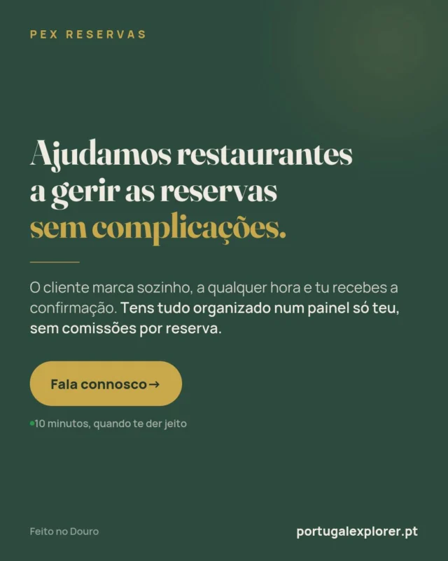 Pex Reservas!
Ajudamos restaurantes a gerir as reservas sem complicações.
O cliente escolhe o dia e a hora e marca sozinho, a qualquer altura, mesmo com a casa fechada. 
Tu recebes a confirmação e tens as reservas todas organizadas num painel só teu. Sem comissões por reserva.
Não precisas de mudar a forma como trabalhas na sala. 
É só a parte das reservas que fica mais simples.
Foi feito cá, no Douro e já está a trabalhar em restaurantes da região.
Se quiseres perceber melhor, fala connosco. São 10 minutos, quando te der jeito e ficas a decidir com calma.
#PEXReservas #Restauração #Reservas #Douro #PortugalExplorer #TransformaçãoDigital #NegociosPortugal #Restauração #PesoDaRegua #PEXReservas #ReservasOnline #dourovalley #GastronomiaPortuguesa #GestãoDeRestaurantes #Empresas #Trabalho #PlataformaDigital #portugalexplorer