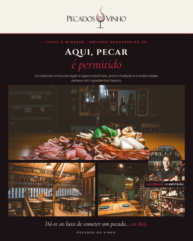 Destaque da semana 📍
Nos antigos armazéns da CP há um espaço onde pecar é permitido. No Pecados do Vinho encontras os melhores vinhos da região e tapas irresistíveis, criadas para despertar os sentidos, entre a tradição e a modernidade.
O Luís Bessa recebe-te como poucos.
Dá-te ao luxo de cometer um pecado... ou dois. 🍷
@pecadosdovinho 

#PecadosDoVinho #Douro #Winebar #Tapas #VinhosDePortugal #PortugalExplorer #CrescimentoEmpresarial #ComercioLocal #PesoDaRegua #ComércioLocal #Marketing #PlataformaDigital #EmpresasPortugal #MaisClientes #Negocios #Restauração #GastronomiaPortuguesa