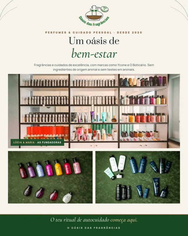 Destaque da semana 📍
O Oásis das Fragrâncias nasceu em Agosto de 2020, em plena pandemia, com uma missão clara promover o bem-estar e o autocuidado.
Lá encontras perfumes e cuidados pessoais de excelência, com marcas como a Ycone e O Boticário, sem ingredientes de origem animal e sem testes em animais.
A Lúcia e a Maria esperam por ti. 🌿
oasis_fragrancias 

#OasisDasFragrancias #Perfumes #Autocuidado #CrueltyFree #ComercioLocal #PortugalExplorer #Negocios #MaisClientes #CrescimentoEmpresarial #PlataformaDigital #ComércioLocal #EmpresasPortugal #Marketing #PesoDaRegua