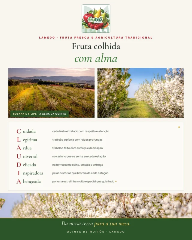 Destaque da semana 📍
Em Lamego, a Quinta de Moitós é um exemplo notável de agricultura tradicional maçãs de várias variedades, peras e cerejas de sabor inconfundível, cultivadas com práticas sustentáveis.
A Susana e o Filipe fazem tudo andar para a frente, guiados por uma estrelinha muito especial. ✦
Fruta fresca, colhida com alma.

Frutas Quinta de Moitós II, Lda 

 #PlataformaDigital #ComercioLocal #Negocios #EmpresasPortugal #CrescimentoEmpresarial #MaisClientes #ComércioLocal #DouroValley #EmpresasLocais #Lamego 
#QuintaDeMoitos #Lamego #FrutaFresca #AgriculturaTradicional #ProducaoLocal #PortugalExplorer