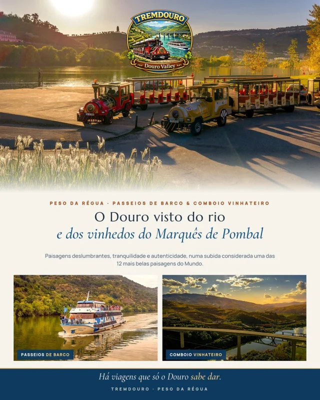 Destaque da semana 📍
Do Peso da Régua a TremDouro leva-te a descobrir o Douro de duas formas inesquecíveis pelos passeios de barco no rio, entre paisagens deslumbrantes, tranquilidade e autenticidade e pelo famoso comboio vinhateiro, com a subida aos vinhedos do Marquês de Pombal, considerada uma das 12 mais belas paisagens do Mundo.
Há viagens que só o Douro sabe dar. 🚂⛵
@tremdouro 

#TremDouro #PesoDaRegua #Douro #PasseiosDeBarco #ComboioVinhateiro #VisitPortugal #PortugalExplorer #Negocios #CrescimentoEmpresarial #ComercioLocal #PlataformaDigital #PesoDaRegua #EmpresasPortugal #PortugalExplorer #ComércioLocal #régua #Douro #MaisClientes #DouroValley #tremdouro
