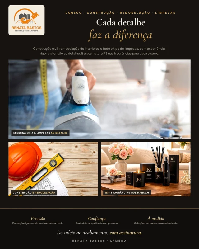 Destaque da semana 📍
Em Lamego, a Renata Bastos é sinónimo de rigor construção civil, remodelação de interiores e todo o tipo de limpezas profissionais, com execução precisa, materiais de confiança e soluções à medida.
E para os momentos únicos a marca R3 traz fragrâncias sofisticadas para a casa e para o carro.
Do início ao acabamento, cada detalhe faz a diferença. ✨

#RenataBastos #Lamego #Construcao #Remodelacao #LimpezasProfissionais #R3 #PortugalExplorer #Lamego #DouroValley #MaisClientes #ComercioLocal #EmpresasPortugal #PlataformaDigital #CrescimentoEmpresarial #PortugalExplorer #Negocios #ComércioLocal