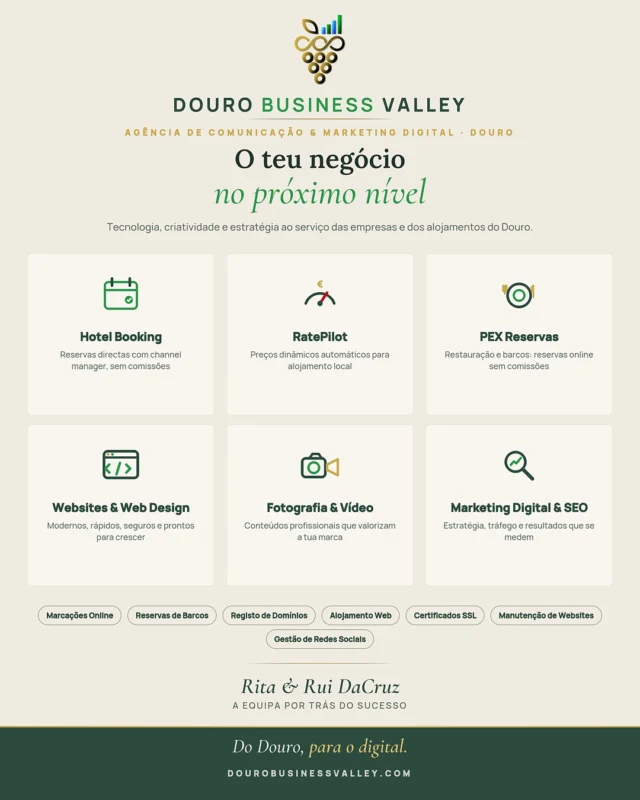 Destaque da semana 📍
Esta semana o destaque é da casa a Douro Business Valley, a agência de comunicação e marketing digital que ajuda as empresas e os alojamentos do Douro a chegar ao próximo nível.
Hotel Booking com channel manager e sem comissões, RatePilot com preços dinâmicos, PEX Reservas para restauração e barcos, websites e web design, fotografia e vídeo profissional, marketing digital e SEO. E ainda marcações online, registo de domínios, alojamento web, certificados SSL, manutenção de websites e gestão de redes sociais.
Tecnologia, criatividade e estratégia, do Douro para o digital. 🚀

#DouroBusinessValley #Douro #MarketingDigital #WebDesign #SEO #Fotografia #Video #HotelBooking #PEXReservas #RatePilot #PortugalExplorer #Negocios #ComercioLocal #DouroValley #PlataformaDigital #EmpresasPortugal #CrescimentoEmpresarial #PortugalExplorer #PesoDaRegua #Douro #MaisClientes
