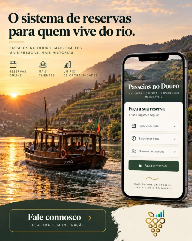Feito em Portugal, para empresas de passeios de barco do Douro. Calendário próprio por embarcação, pagamento automático e bilhete digital com QR code. Sem comissões por reserva. O que vendes é teu. 

👉Fala connosco e vê o sistema a funcionar com os teus passeios.

#dourobusinessvalley #pexbarcos #passeiosdebarco #turismonautico #douro #software